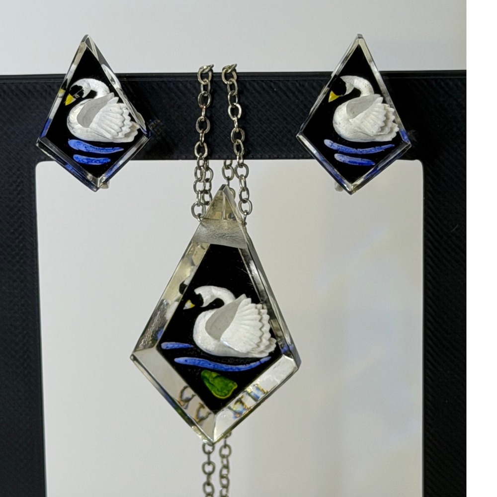 Vintage Reverse Carved Lucite Swan Necklace Earrings Set Sterling 18" Screw Back